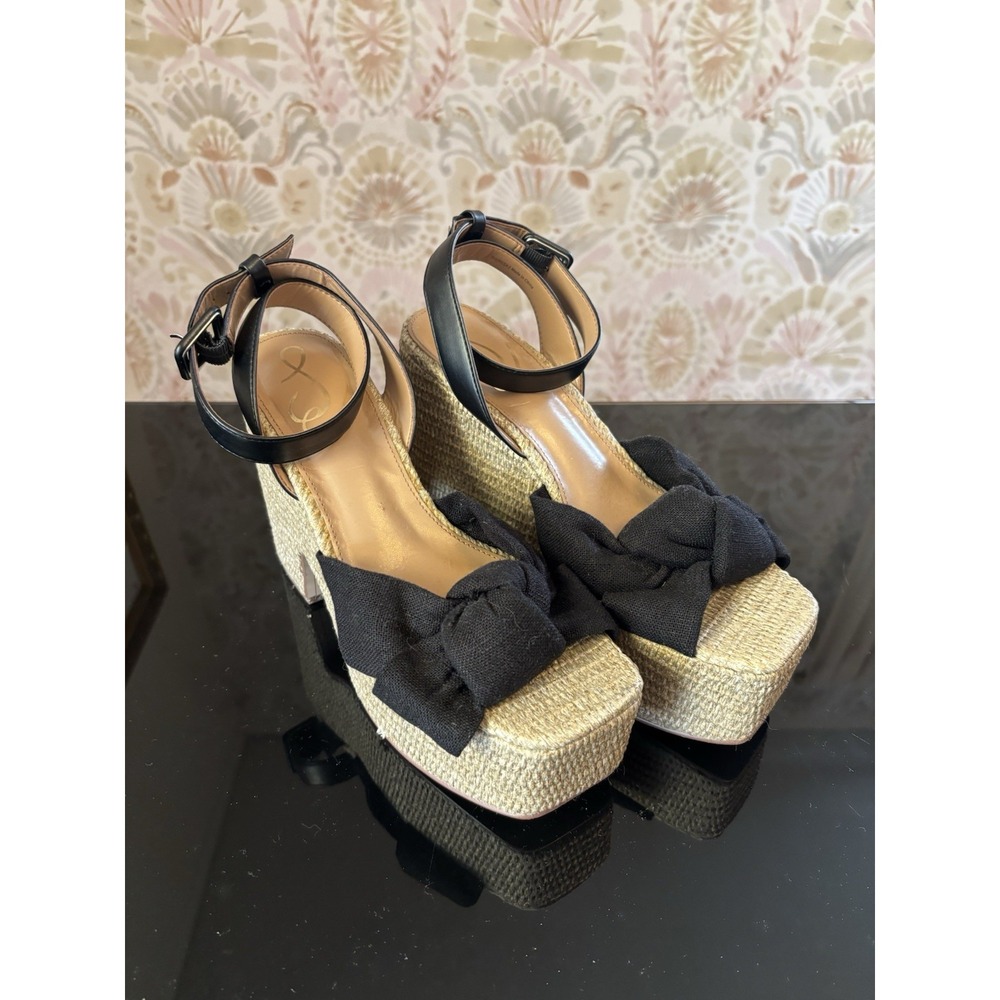 Sam Edelman Theresa 2 Sandals Block Heel Platform Rattan Black Tan 7.5 Vacation